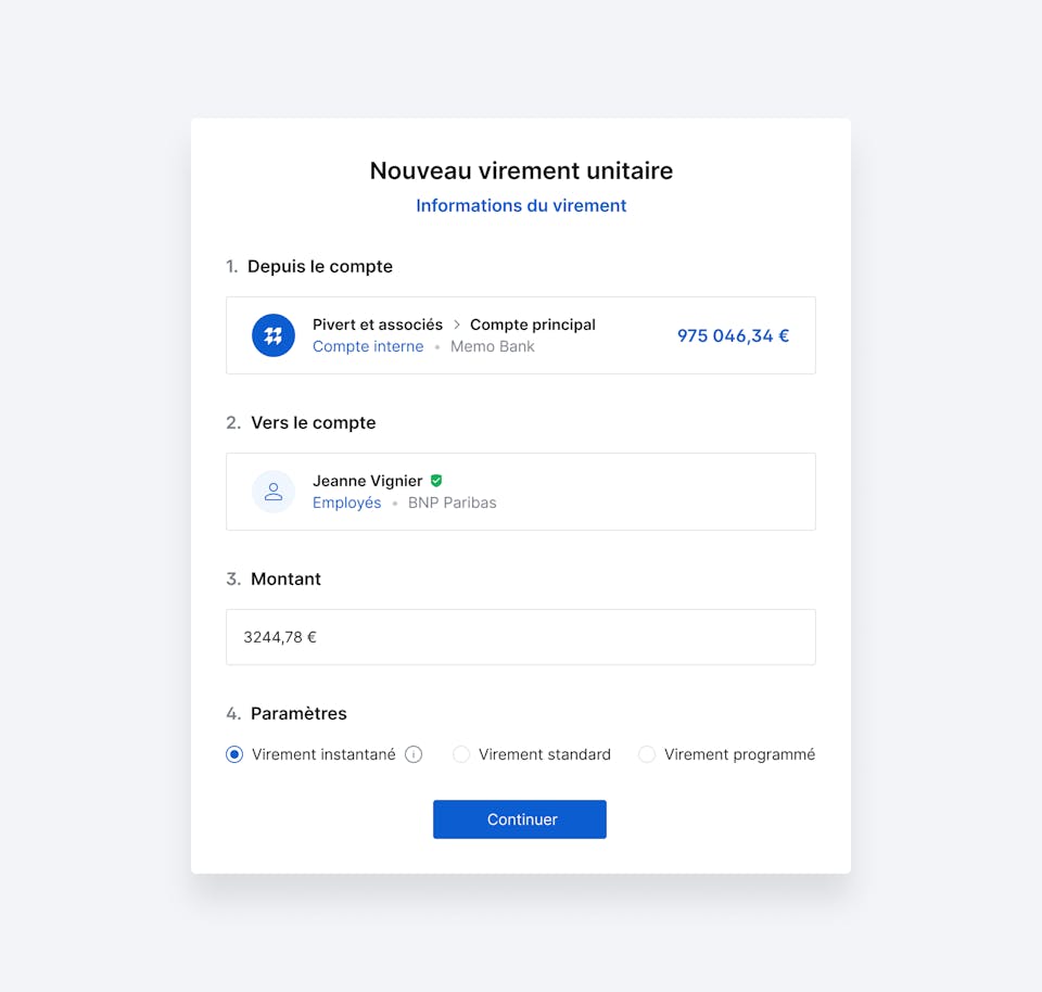Interface de programmation d'un virement instantané